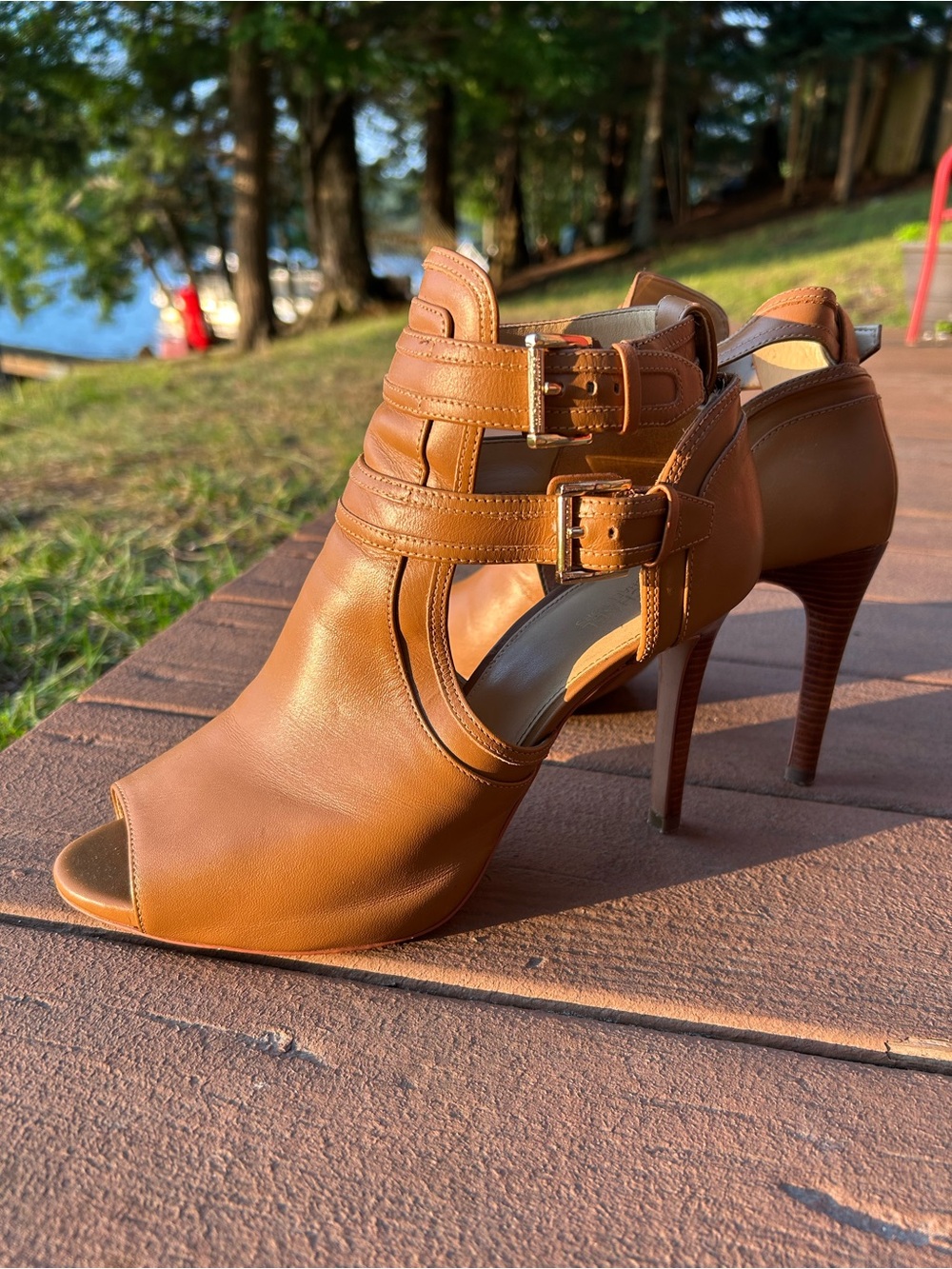 Women's Michael Kors Tan Leather Peep-Toe Heels with Buckle Straps